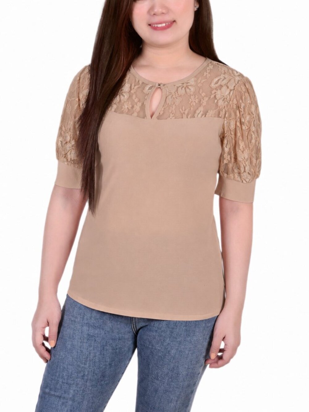 NY Collection Women's Medium Petite Beige Puff Lace Sleeve Top NWT